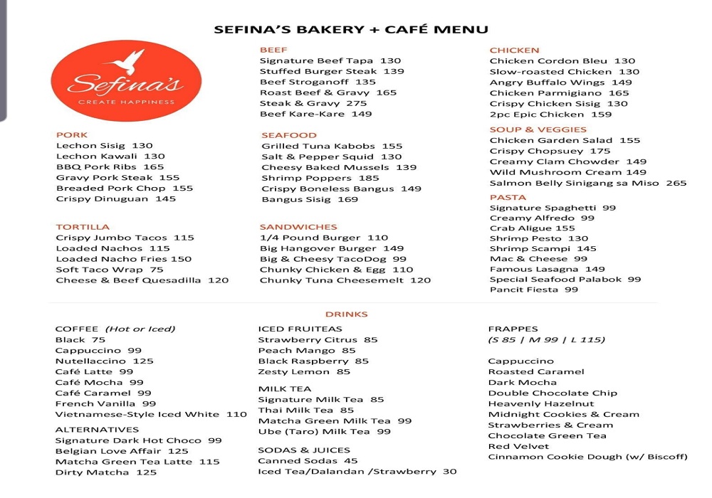 sefina's bakery menu